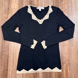 Hopeless Romantic Y2K Black Long Sleeve Top with Lace Trim and Rose Bud, L